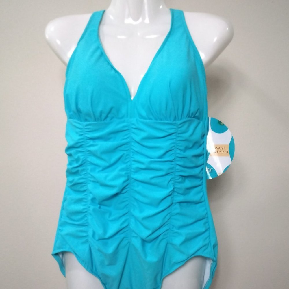SWIM SOLUTIONS Turquoise Ruched Tummy Control Wide Adjustable Straps NWT Sz. 14